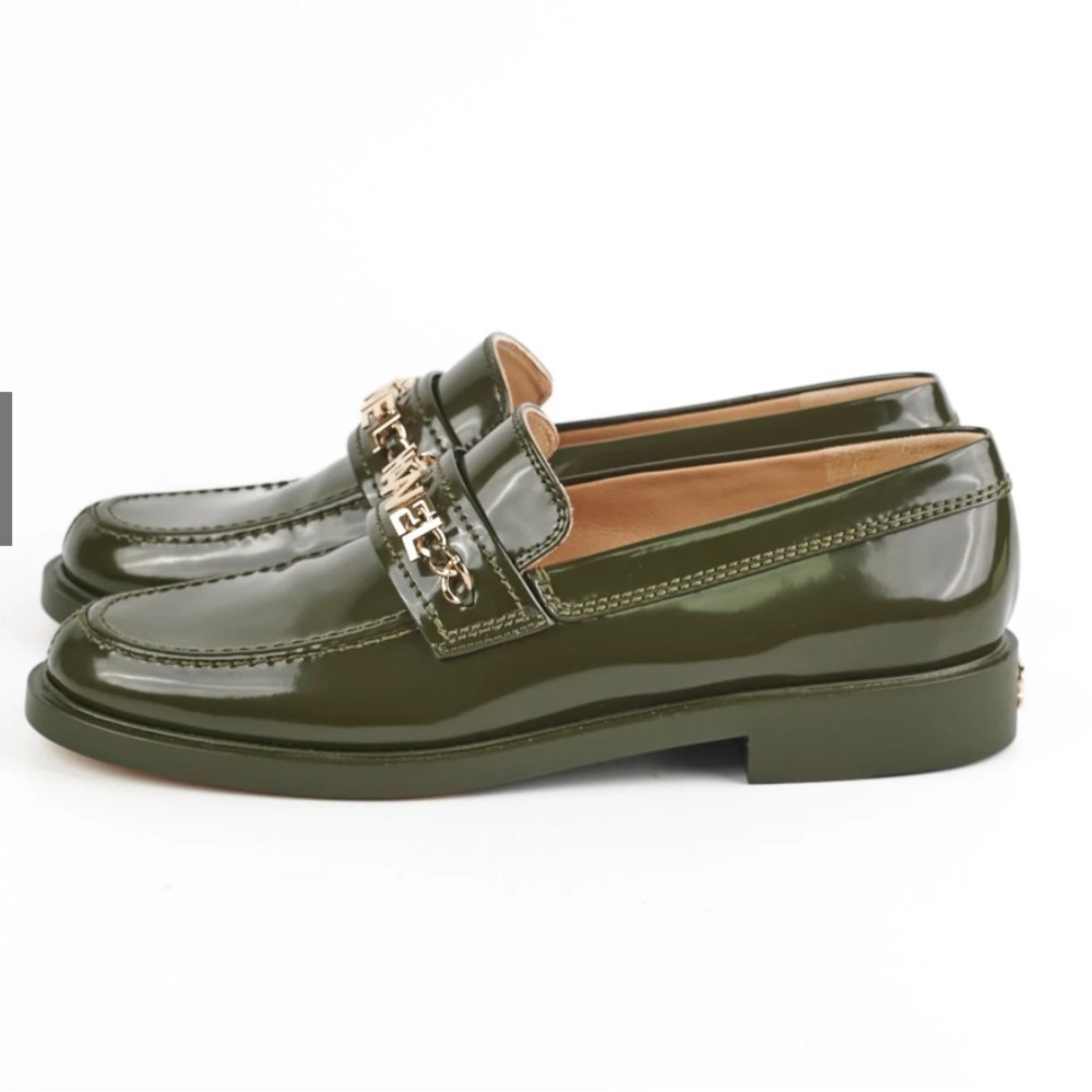 CHANEL Olive Green Patent Leather Chain-Detail Loafers